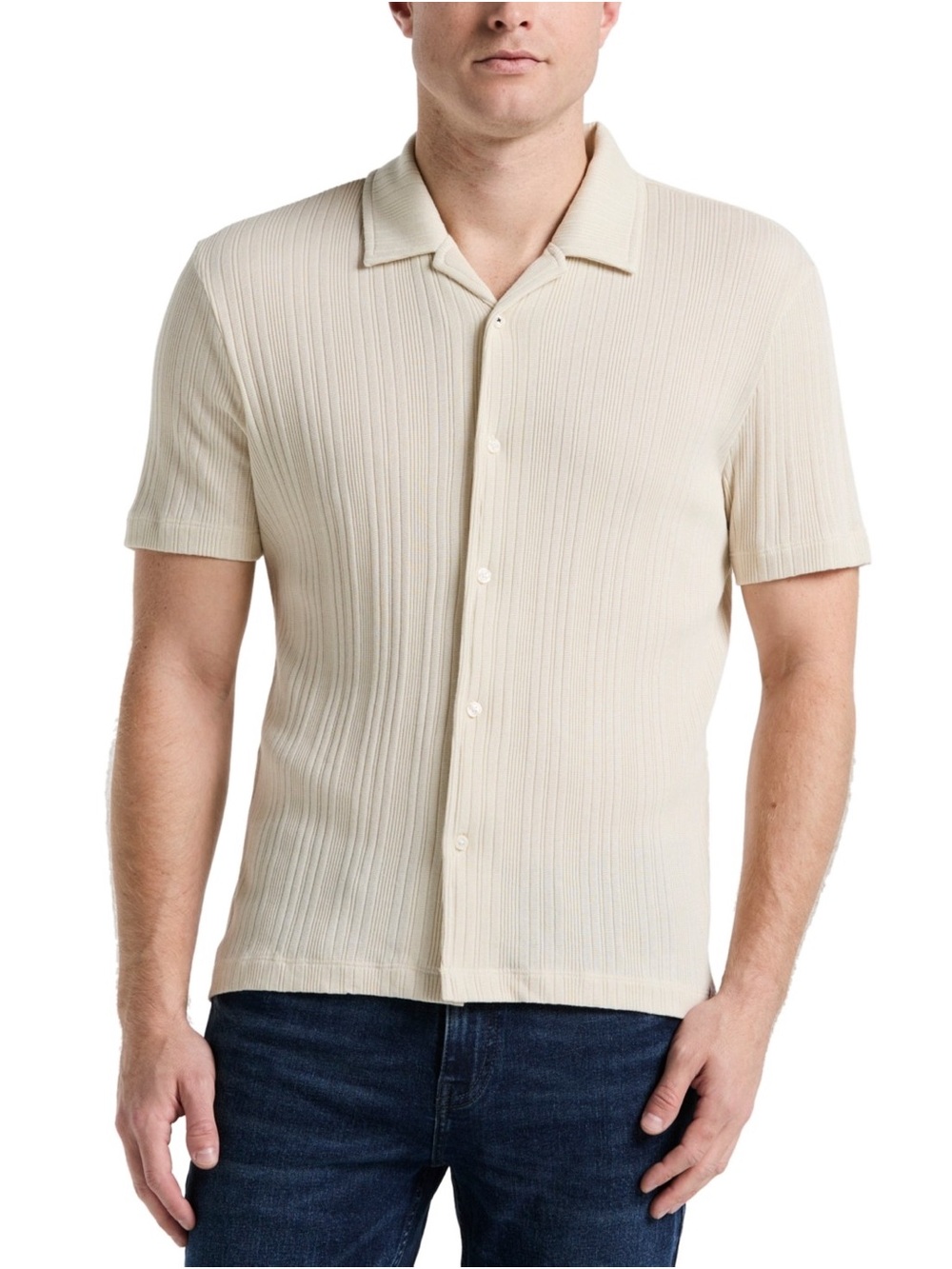 Perry Ellis Cream Short-Sleeve Button-Down Knit Shirt